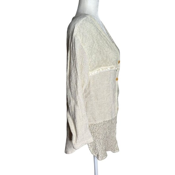 Vintage 90s Knit Patchwork Cardigan Medium Cream Linen Blend Buttons David Wayne - Picture 5 of 6